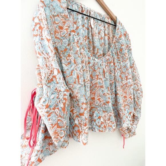 Anthropologie Floral Shirred Top Oversized Bohemian Hippie Tie Long Sleeves - Picture 5 of 11